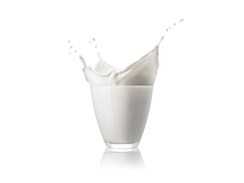 Life Extension Europe, Glass of fresh milk in center of image with white background,  milk is swirling splashing upwards, over the edges of glass
